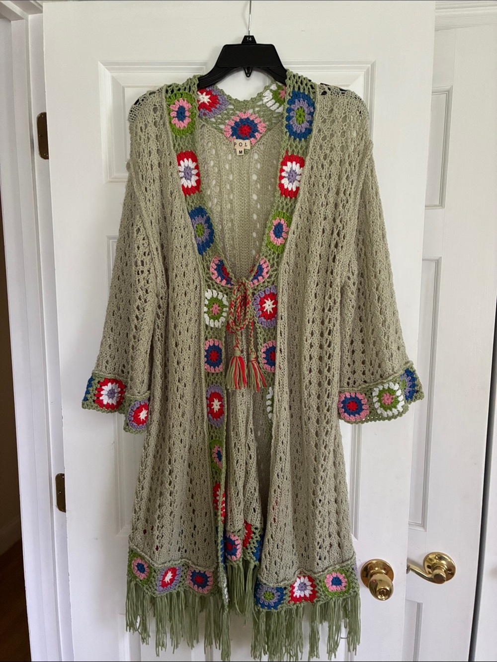 Boutique Boho Crochet-Trim Open Front Olive Green Sage Women's Sweater Cardigan - Picture 10 of 10